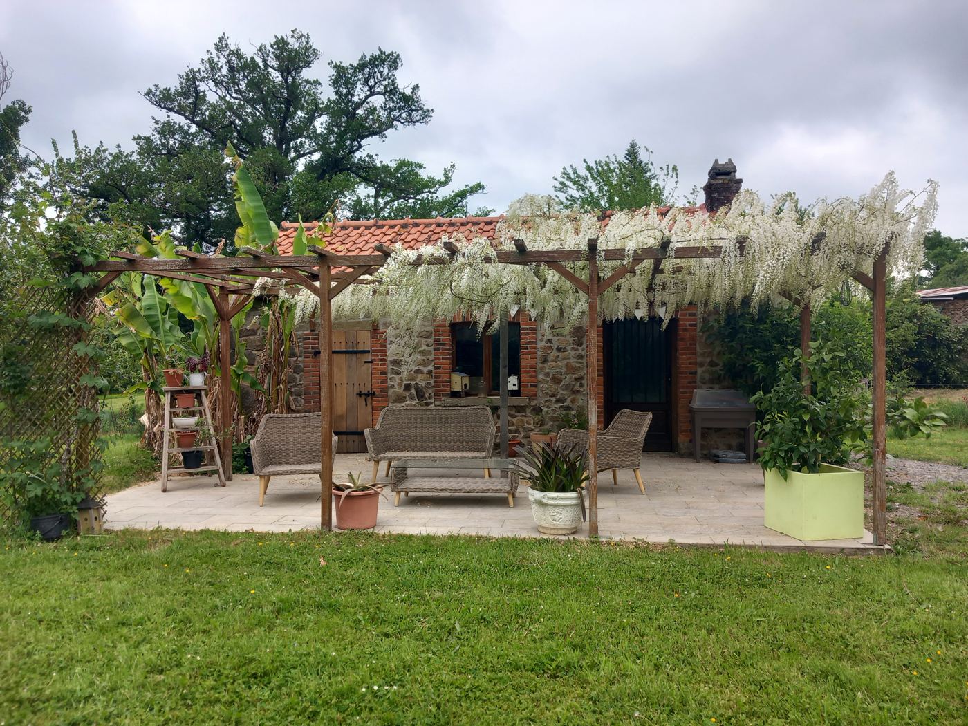 Maison de pierre avec une pergola couverte de glycine blanche, salon de jardin